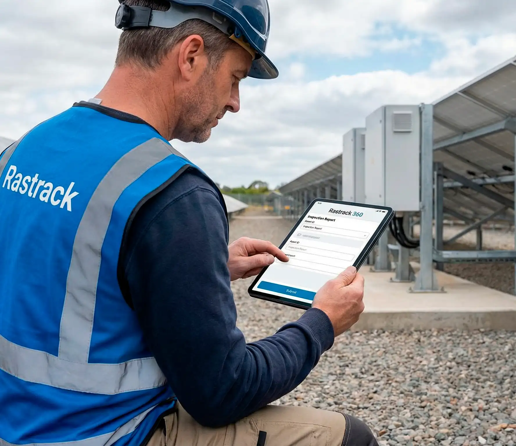 Escena de operación de campo con personal móvil usando formularios digitales