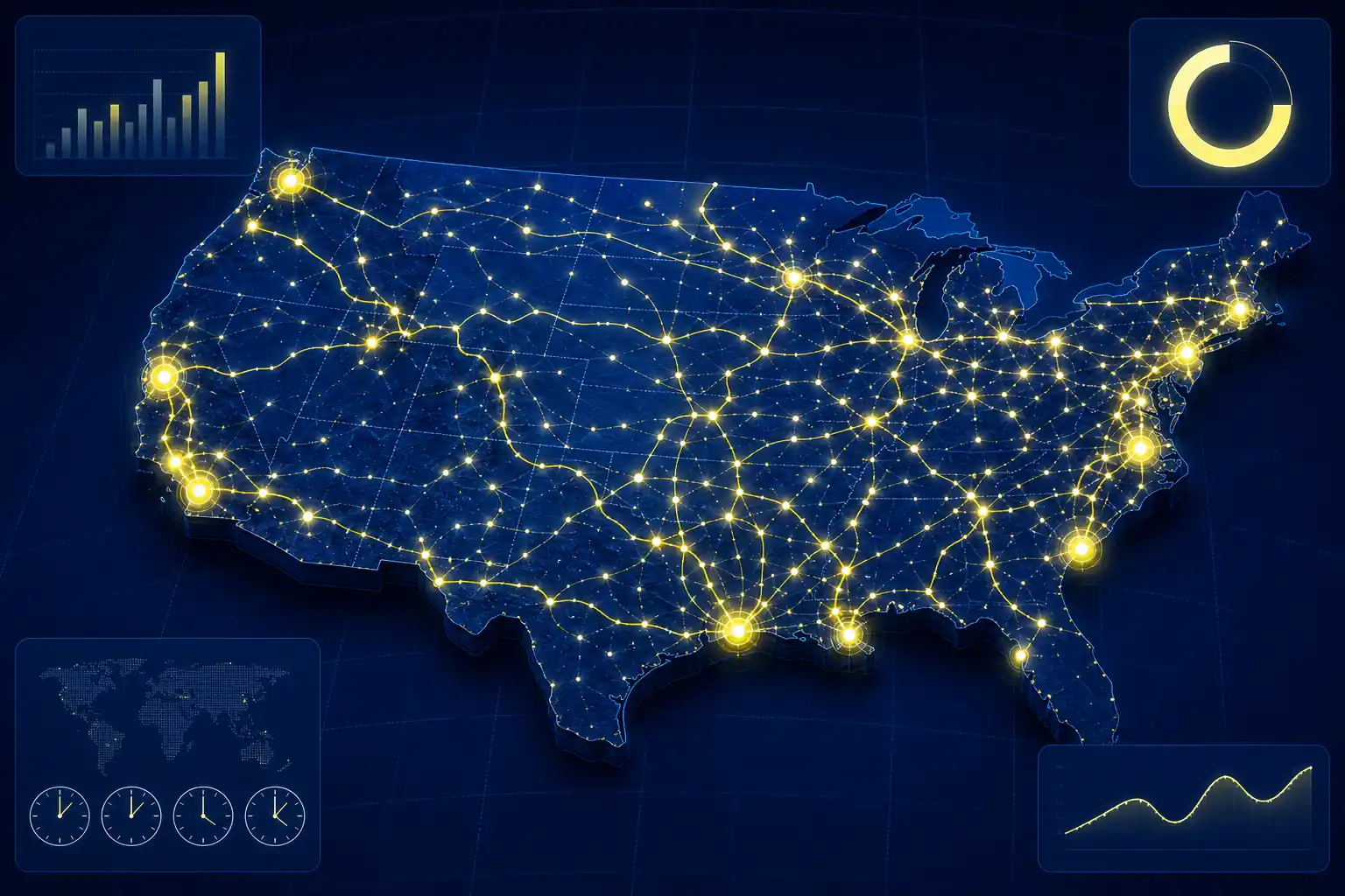 Container tracking and dispatch platform showing live truck routes across the United States