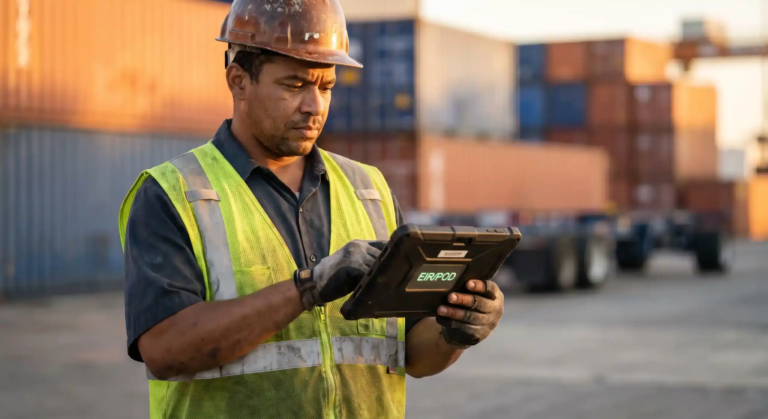 Driver using a paperless container transport app to capture EIR and POD on a tablet