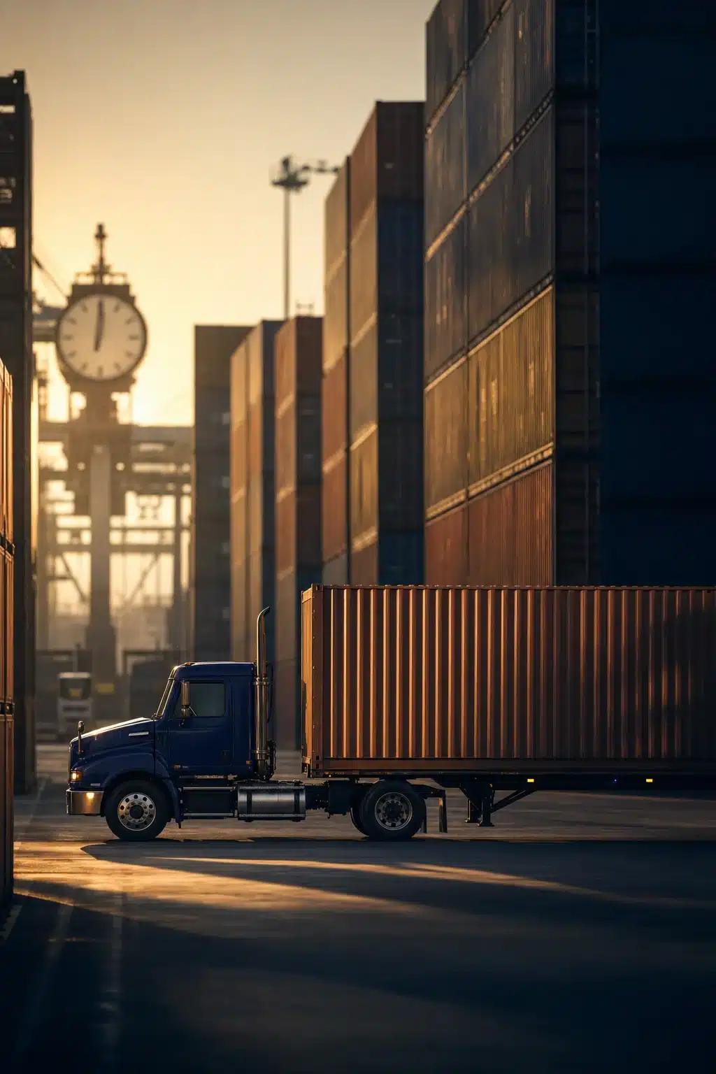 Drayage truck moving a 40-foot container through a port terminal yard to reduce demurrage fees
