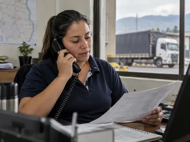 Despachadora consultando un documento durante una llamada