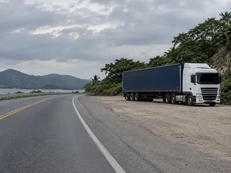 Camión de carga detenido en un espacio seguro junto a la vía