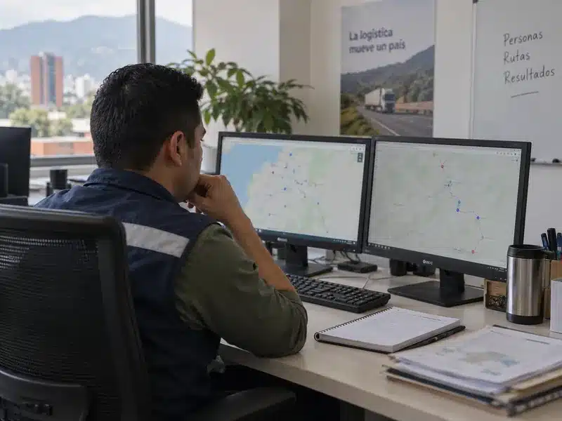 Profesional de logística frente a dos pantallas de seguimiento