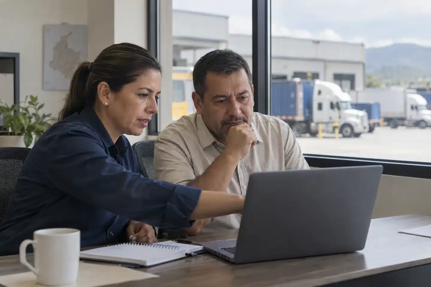 Profesionales de logística revisando información de una operación de transporte
