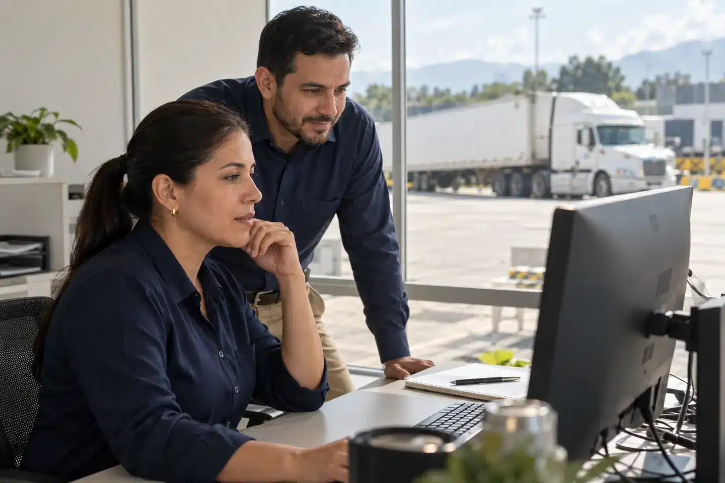 Profesionales revisando información de transporte en una oficina logística